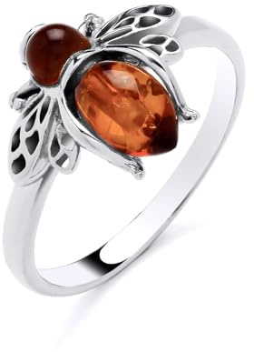 Old English Jewellers 925 Sterling Silver Natural Baltic Amber Bee Ring - Sizes M N O P Q - Womens Honey Bee Ring - Jewellery Gift (N)