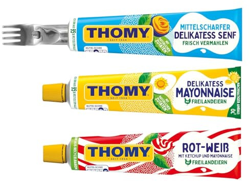 THOMY Saucen-Paket | 3 verschiedene Sorten | 3 x Tuben 200ml mit 1 limitierten THOMY SAURKs Edelstahl-Gabeln | Partypaket | Senf, Mayonnaise und Rot-Weiß Ketchup & Mayonnaise