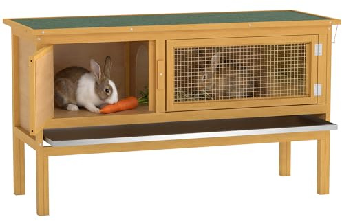 PawHut Hasenstall Kaninchenstall aus Holz 115x44,3x65 cm Kaninchenkäfig mit aufklappbarem Dach, 2 Türen, auslaufsicherer Schale, Hasenkäfig für Kaninchen Outdoor Hellgelb