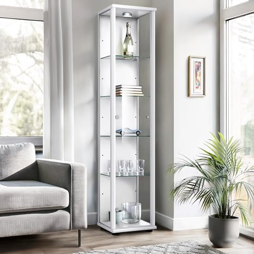 K-Möbel Glasvitrine Stehend (176x37x33cm) - Made in Germany - Vitrinenschrank Weiss mit 4 höhenverstellbaren Glasböden & LED - Vitrine Glas stehend - Glasschrank - Display Cabinet