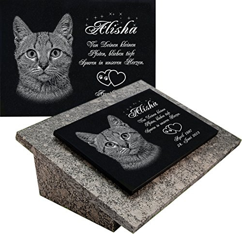 LaserArt24 Granit Grabstein, Grabplatte oder Grabschmuck mit dem Motiv Katze-gg08s und Ihrem Foto/Text und Daten