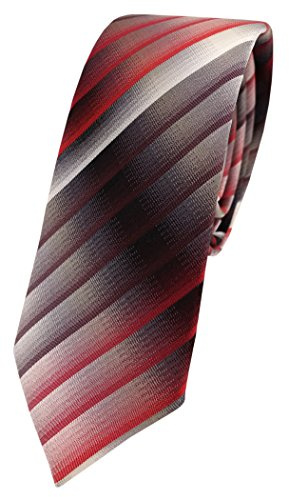 TigerTie schmale Designer Seidenkrawatte in rot weinrot grau silber anthrazit gestreift - Krawatte 100% Seide