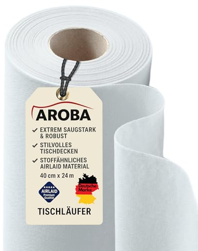 AROBA 2X Airlaid Tischläufer (Weiß, 40 cm x 24 m) - Stoffähnliche Tischläufer - Tischband Tischtuchrolle Tischdeko für Hotel Catering Geburtstag Restaurants Kommunion Taufe