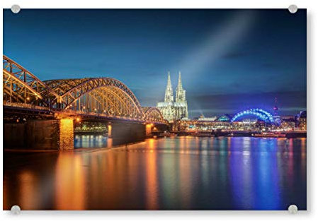 artboxONE Acrylglasbild 30x20 cm Städte Nachts in Köln Bild hinter Acrylglas - Bild Köln Beleuchtung Eisenbahnbrücke