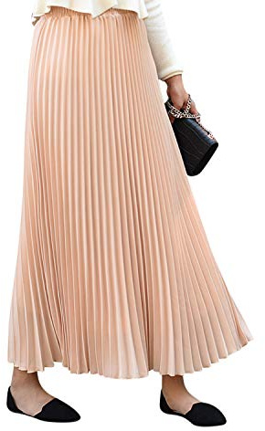 Damen Mädchen Plisseerock in Maxilänge Plissee-Maxirock Elastische Chiffon Langer Faltenrock Elastischer Bund für Frühling Sommer Herbst Rocklänge 90cm Einfarbig