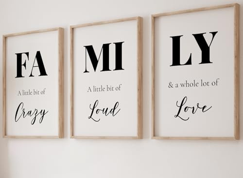 Family Quote Set of 3 Unframed Prints, Home Wall Art Decor, Family Art Poster, A Little Bit of Crazy, Loud, a Whole Lot of Love Quote (A4)