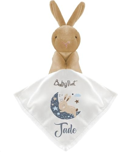 KDO MAGIC - Personalisiertes Schmusetuch - Teddybär oder Kaninchen - Anpassbares Geschenk für Kinder - Geschenkidee zur Geburt, Baby, Geburtstag, Taufe (Brauner Kaninchen, Motiv: Blauen Mond)