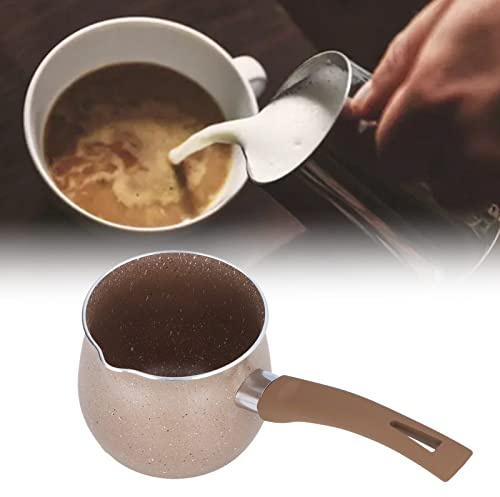Non Stick Milk Pan, 10cm Single Handle Coffee Warmer Boiling Pot with Long Handle, Aluminum Alloy Anti Scalding, Mini Milk Pan for Cooking(Brown)