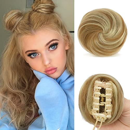 Sofeiyan Dutt Haarteil,Space Buns Haarteil,2PCS Haarteil mit Klammer | Clip in Haar Bun Mini Messy Bun Haarteile Dutt Synthetik Haar Donut Chignon für Damen,Erdbeerblond & Bleichblond