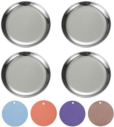 RMNHPTK Cuencos de Acero Inoxidable para Gatos para aliviar la Fatiga del Bigote, Platos de Comida con Alfombrillas Antideslizantes, Platos Poco Profundos para Alimentos húmedos y Secos (4 Unidades