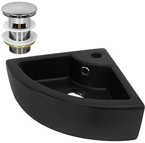 ML-Design Lavabo ad Angolo d'Appoggio in Ceramica Nero 46 x 33 x 13 cm Lavandino Angolare a Parete Troppopieno Foro per Rubinetto Lavello a Triangolo Bagno WC Ospiti Design Moderno incl. Piletta