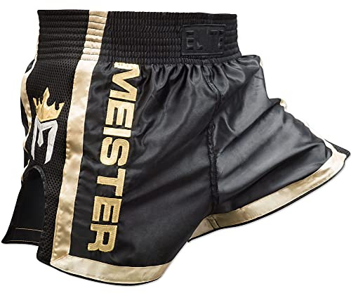 Meister Elite Muay Thai Shorts - Completamente Elastico in Vita w/Mesh, Nero/Oro, 46/47 IT