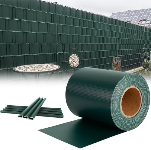 XMTECH PVC Sichtschutzfolie Sichtschutzstreifen Inkl. Befestigungsclips, Garten Sichtschutz Zaun Doppelstabmattenzaun, 450g/m² Blickdicht Sichtschutz Streifen - 65m x 19cm, Grün