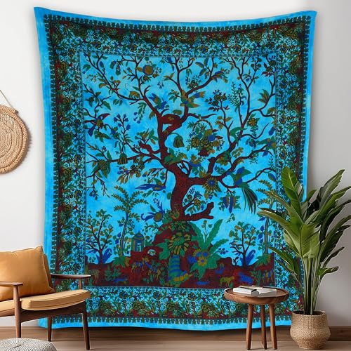 Craft Trade Blau Baum Wandteppich Indische Wandtuch Tapestry Wandbehang Boho Wandteppiche für Heimdeko Wohnzimmer und Schlafzimmer - 127 x 152 cm | Blauer Wandteppich für Wandkunst, Schlafsaal, Yoga-Tagesdecke, Meditation & Schlafzimmer, Wohnzimmerdekoration, leicht