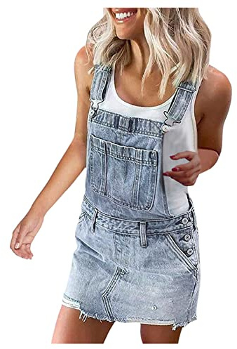 HOOUDO Summer Denim Dresses for Women Overalls Jeans Short Bib Dungarees Dress Casual Ripped Adjustable Straps Playsuits Rompers with Pockets Plus Size