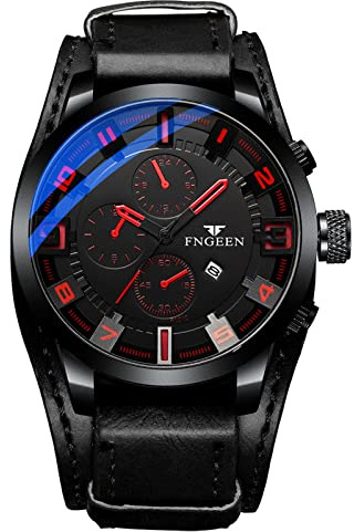 JewelryWe Herrenuhr Analog Quarz Datum Kalender Punk Militärische Armbanduhr Herren 30m wasserdichte Militär Sport Uhr mit Echtleder Leder Armband