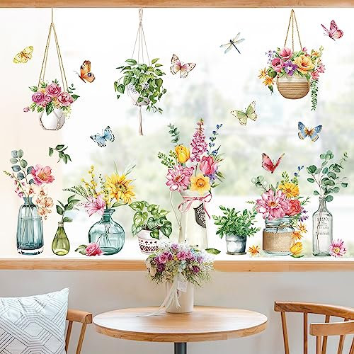 decalmile Fensteraufkleber Blumen Frühling Topfpflanze Fenster Abziehbilder Hängende Pflanzen Blätter Anti-Kollision Fensterfolie Glas Fensterdeko Aufkleber