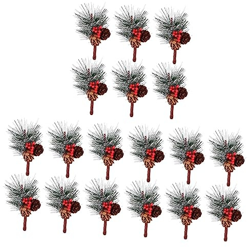 Abaodam 18piezas Adornos Navideños Flores De Pino Ramas De Acebo Artificiales y Piñas Naturales Decoración De Navidad Berries Rojas