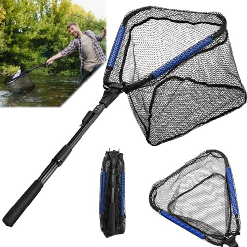Noamus Floating Fishing Net, 35 Fishing Landing Net with Collapsible Telescopic Pole Handle, Rubber Coated Mesh Folding Fly Fish Net for Salmon Steelhead Bass Trout Walleye Kayak, Fresh Salt Water