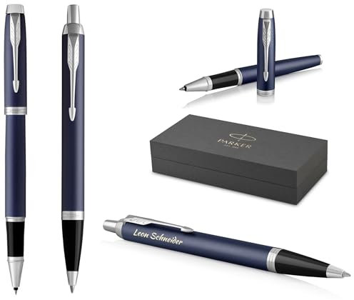PARKER IM Core Rollerball und Kugelschreiber mit Gravur | Premium Stift | Geschenkbox | schwarze Mine | personalisiertes Geschenk | Namen | graviert | Geburtstag (Matte Blue C.C.)
