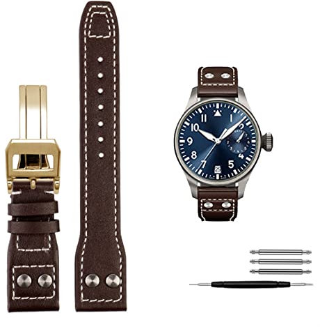 FACDEM Echtes Leder Nieten Armband Für IWC Big Pilot Spitfire Rindsleder Faltschließe Uhr Männer Band 21mm 22mm, 22 mm, Achat