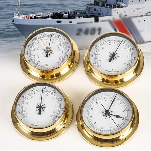 EdirFtra 4-piece set of marine brass barometer, hygrometer, clocks, simulated wall mounted household stainless steel frame without film, 115mm