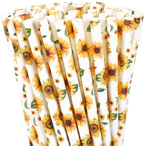 JarThenaAMCS 200 Pcs Sunflower Paper Straws Watercolor Yellow Floral Disposable Drinking Straws Summer Flower Straw for Juice Shake Cocktail Birthday Baby Shower Wedding Party Supplies