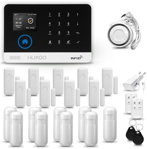 HUXGO® HXA003 Alarmanlage fürs Haus WLAN+ GSM Set mit Sirene | Funk Alarmanlage Wohnung mit App. TUYA |Alarm System mit 9X Bewegungssensor, 9X Fensteralarm/Türsensoren