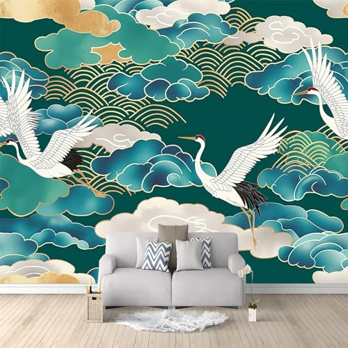 Papier Peint Intissé Style Japonais Nuages Oiseaux 200x140 cm Papier Peint Panoramique Moderne, Tableaux Muraux Tapisserie Photo, Papier Peint Mural pour Salon, Chambre, Fond Décor TV