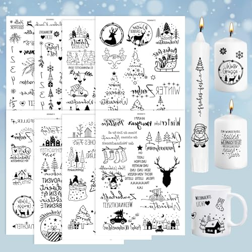 TINA Rub On Sticker Weihnachten 8 Stück Kerzentattoos A5 Rub On Folie Transferaufkleber Stempel für Möbel Fenster Glas Tassen Holz Scrapbooking DIY Basteln Deko