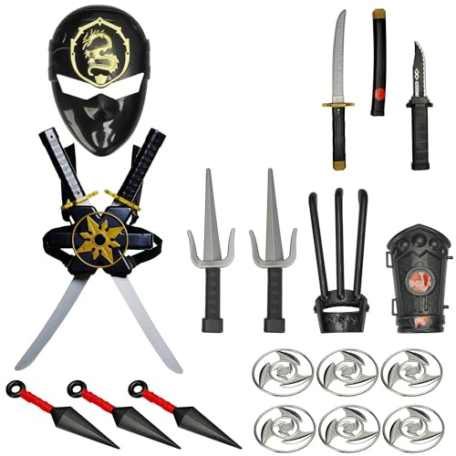 Sepco Ninja Warrior Toy Weapons Set Ninja Knife Katana Sai Mask Bow & Arrow Dagger Darts Throwing Stars Ninja Kids Dress Up Cosplay Role Play Accessory Kit