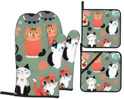 Set di 4 guanti da forno e presine – adorabili gatti in stile cartone animato – guanti da forno a microonde isolati e guanti da cucina, set di guanti da forno antiscivolo con cuscinetti caldi, per