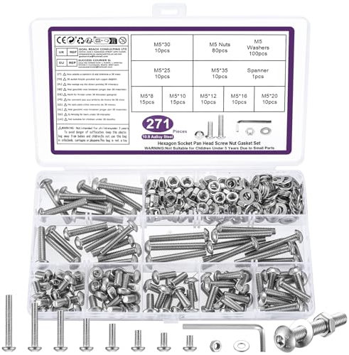 271 Pcs M5 Bolts and Nuts Set, M5 Nuts and Bolts Set, Round Head Hexagon Socket Screws and Washers, Silvery Hex Socket Button Head Cap Machine Screws Kit