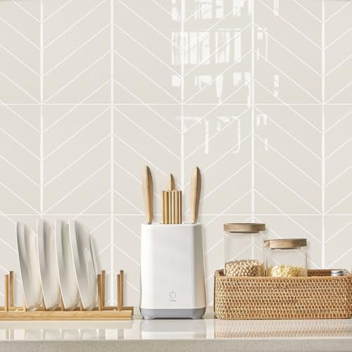 Alwayspon Lot de 10 feuilles de stickers muraux en vinyle 3D imperméables à décoller et à recoller avec crédence pour mur de cuisine, salle de bain, 29 x 22,9 cm, blanc beige