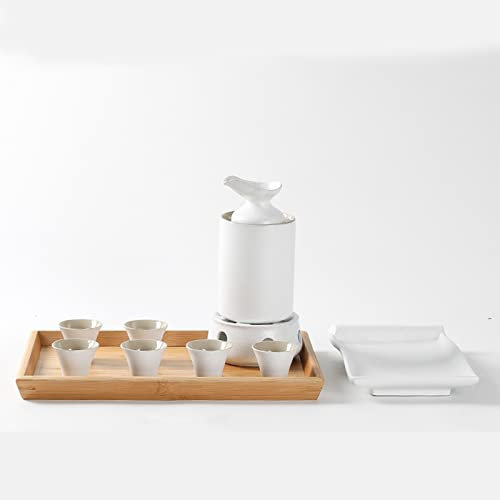 DDNGEJ Set da 11 Pezzi per sakè, Set di Tazze da sakè in Ceramica Bianca Tradizionale con pentola scaldavivande e fornello a Candela, Design Elegante, PE