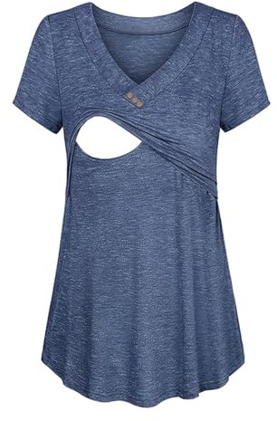 Still Tshirt Kurzarm Baumwolle Schwangerschaft Stillshirt Top V-Neck Stilltop Baumwolle Umstandstop Umstandsbluse Schwangere Tunika zum Stillen Nursing T-Shirt Umstandskleidung Umstandsmode (Blue, XL)