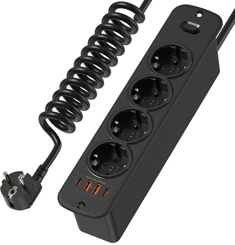 Regleta Empotrable 4 Tomas con 2 USB C PD 20W y Interruptor, Enchufe Empotrable con Cable en Espiral de 1,5 m, Enchufe Empotrable Mesa con 4 USB para Encimera, Mueble o Mesita de Noche – Negro, 4000W