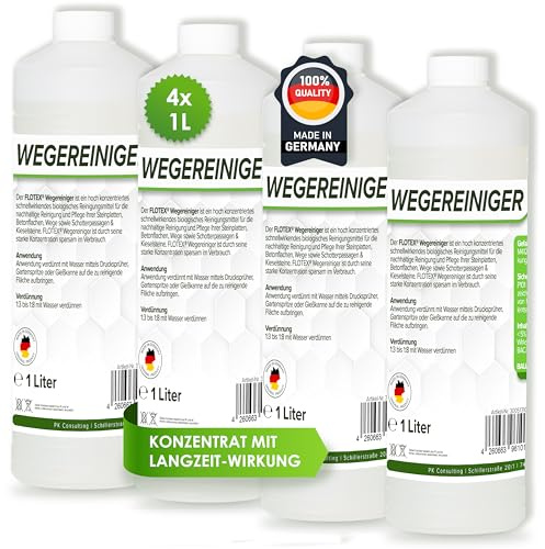 FLOTEX Hocheffektiver Wegerein 4x1 Liter | Steinreiniger Intensiv Aussen entfernt starke Verschmutzungen | Flechtenentferner für Pflastersteine, Terrassenplatten & Beton | Made in Germany