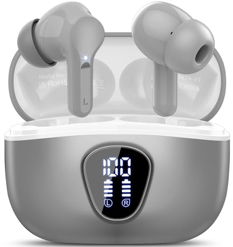 Ecouteurs Bluetooth sans Fil, Écouteurs Bluetooth 5.4 Oreillette Bluetooth Basses Immersives avec 4 ENC Mic, Casque Bluetooth sans Fil 46H avec Écran LED, Étanche IP7 Contrôle Tactile,Gris Clair(2026)