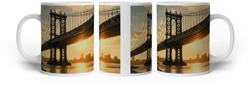 deyoli Taza con diseño gigante de acero en la luz de la tarde – Puente lleno de brillo dorado de 300 ml, de cerámica blanca/taza de café/idea de regalo