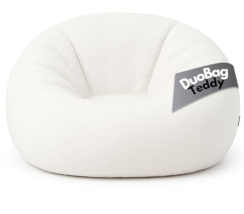 PATCH HOME Comfortline 2-i-1 teddy sittsäck fåtölj, saccosäck – gaming saccosäckar för vuxna och barn med dragkedja – redan fylld – perfekt för att sitta och ligga (vit, Ø 145 cm)