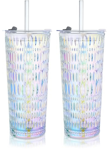 Puraville 2 Pack 550ml 18oz Glass Cups with Lids and Straws, Vintage Diamond Pattern Thickened Glassware for Whiskey Cocktail Beer, Mason Jar Drinking Glasses Tumbler Iced Coffee Cup, Rainbow