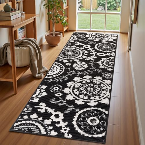 Homodeco Langer Teppich Läufer Flur rutschfest, Kurzflor Schlingenflor Flurteppich Läufer Lang Flurläufer Modern, Küchenteppich Waschbar, Teppichläufer für Flur, Wohnzimmer, Küche, Schwarz, 60x180cm