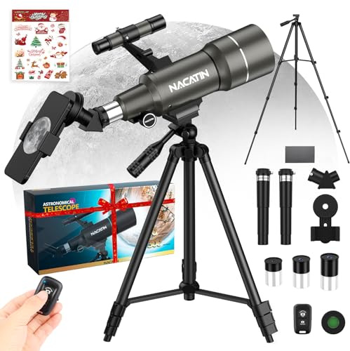 Teleskop für Kinder & Einsteiger, NACATIN 70mm Öffnung Astronomisches Refraktor Teleskop mit Stativ, Handy-Adapter, Fernbedienung (Grau)