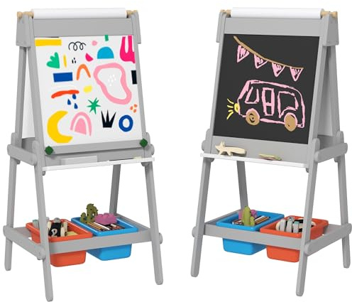 AIYAPLAY Art Easel for Kids Double-Sided with Chalkboard Whiteboard Eraser | Painting Easel, Paper Roll, Storage Boxes