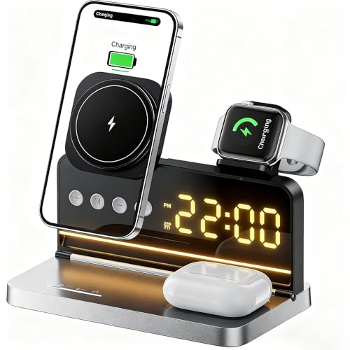 MIOLLYBO 5-in-1 Magnetic Wireless Charging Station for iPhone with Clock & Night Light, 15W Fast Charge, Compatible with iPhone 15/14/13/12, Apple Watch, AirPods