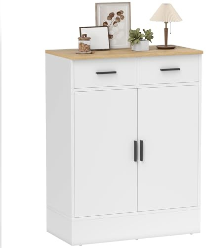 HOMCOM Aparador de 2 Puertas con 2 Cajones Blanco y Natural 68,6x35x90,3 cm