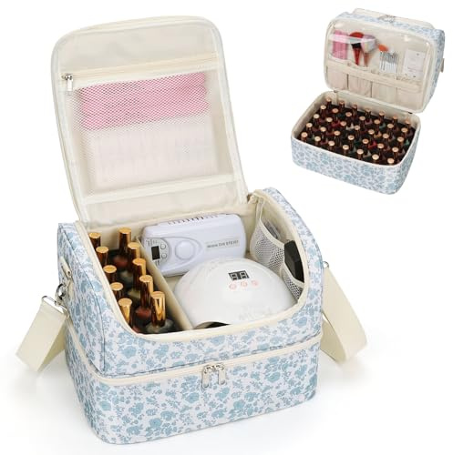 Nail Polish Organiser Bag, Floral Print Double Layer Nail Varnish Storage Case Holds 45 Bottles & Full Size UV Lamp, Portable Nail Technician Case (Blue Floral in White, Hold 45 Bottles)