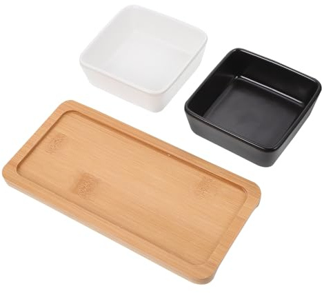 NUOBESTY Gamelle Surélevée pour Animaux avec Plateau Bois Bol Céramique Carré Double pour Chat et Petit Chien Anti-débordement et Stable Set