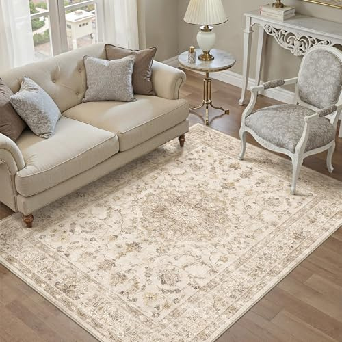 PureCozy Beige Teppich Wohnzimmer 120x170cm Waschbarer Vintage Tepiche | Rutschfest Kurzflor,Weich Teppiche,Wohnzimmerteppich,Schlafzimmer,Esszimmer,Büro,Kinderzimmer